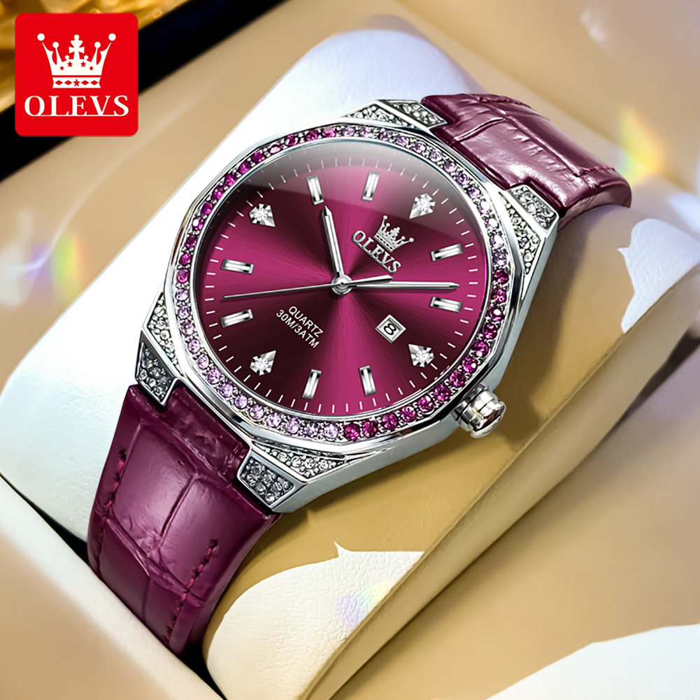 Luxury Watch With Leather Strap - OLEVS Original Women's Watches Diamond Lap